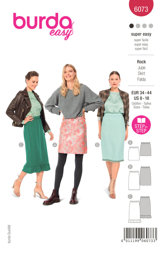 Burda pattern 6073 skirt in three lengths with elastic waistband, slim fit