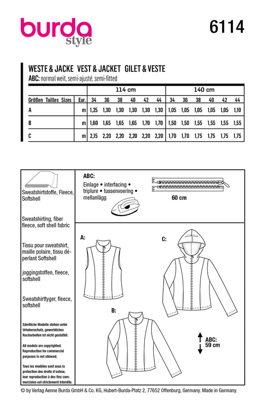 Burda Schnittmuster 6114 Weste, Jacke