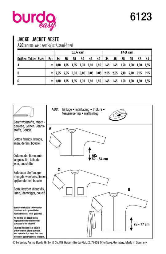 Burda Schnittmuster 6123 Jacke