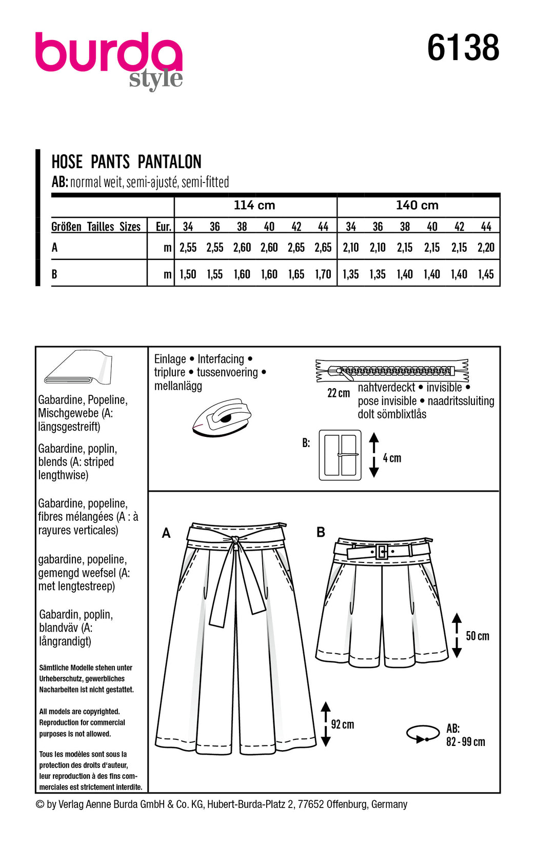 Burda Schnittmuster 6138 Culotte, Hose