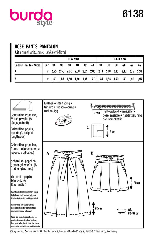 Burda Schnittmuster 6138 Culotte, Hose