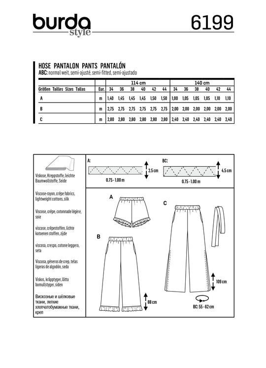 Burda Sewing Pattern 6199 Women's Wide-Leg Trousers with Elastic Waist