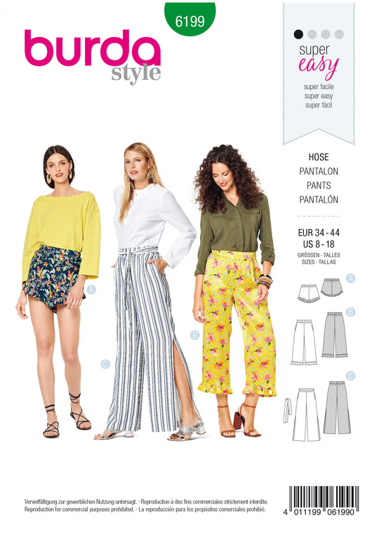 Burda Sewing Pattern 6199 Women's Wide-Leg Trousers with Elastic Waist