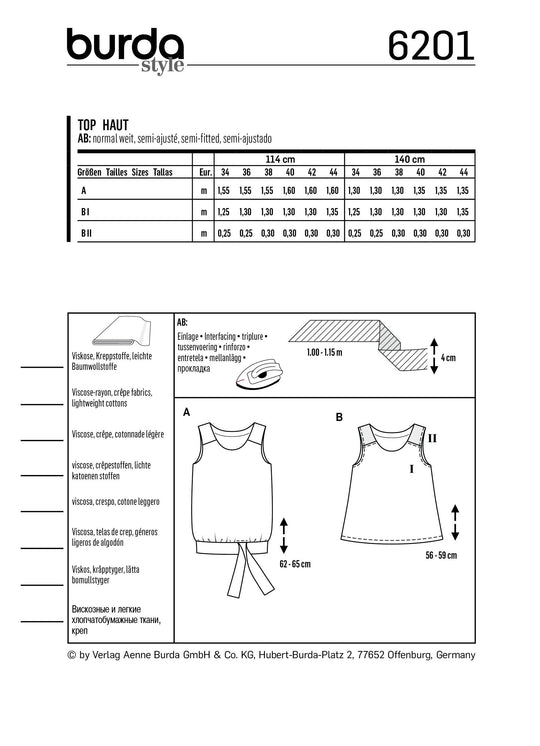 Burda Sewing Pattern 6201 Women's Camisole Tops with Shoulder Yokes