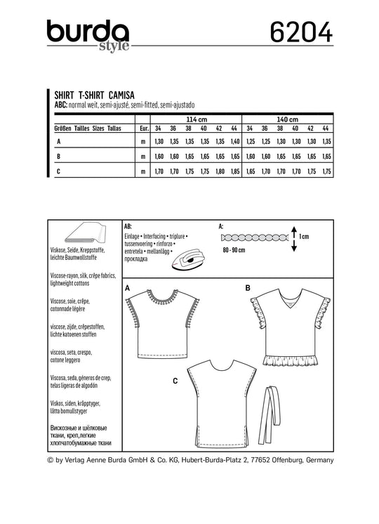 Burda Schnittmuster 6204 Damen Sommershirts mit V-Ausschnitt