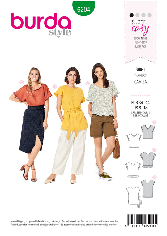 Burda Schnittmuster 6204 Damen Sommershirts mit V-Ausschnitt