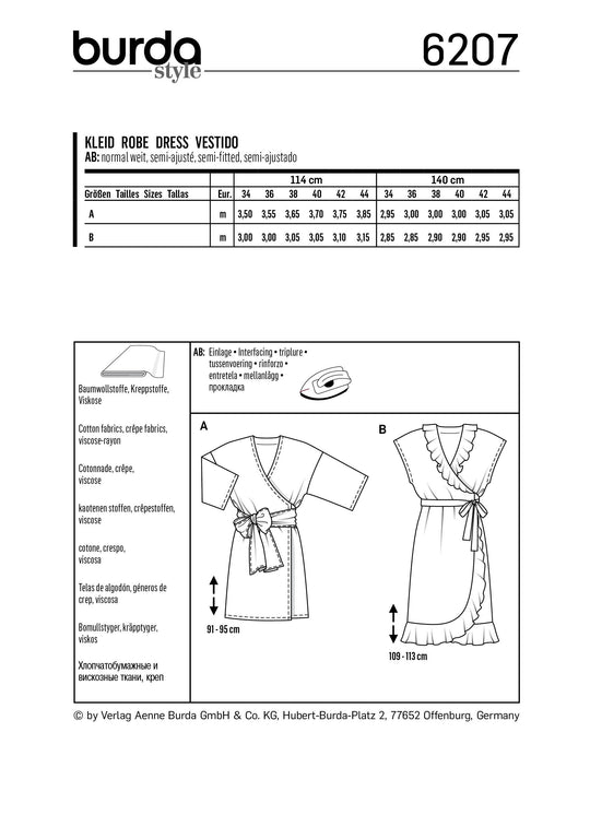 Burda Schnittmuster 6207 Damen Wickelkleid mit überschnittenen Schultern