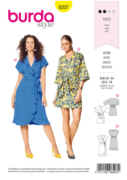 Burda Schnittmuster 6207 Damen Wickelkleid mit überschnittenen Schultern