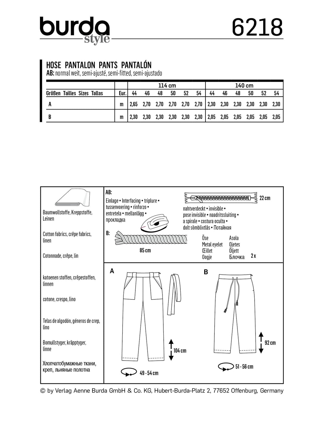Burda Sewing Pattern 6218 Women's Straight-Leg Trousers