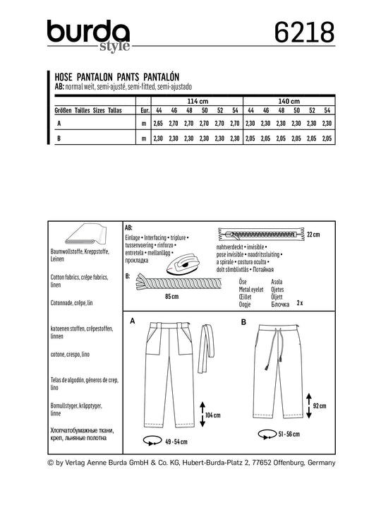 Burda Sewing Pattern 6218 Women's Straight-Leg Trousers