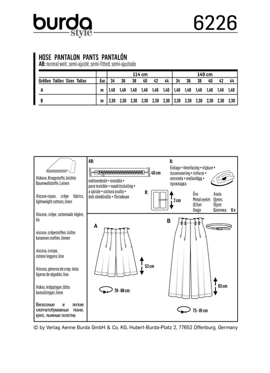Burda Schnittmuster 6226 Damen Bermudas und Culottes High Waist