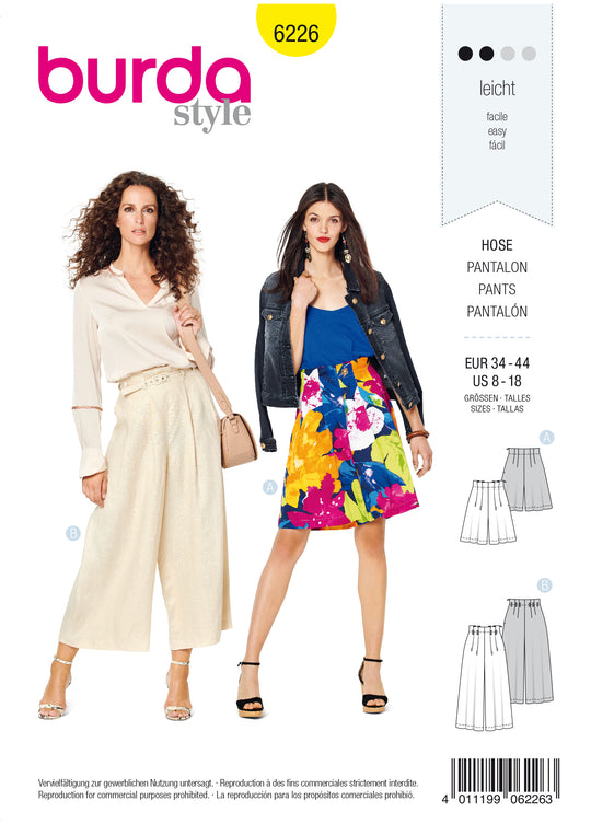 Burda Schnittmuster 6226 Damen Bermudas und Culottes High Waist