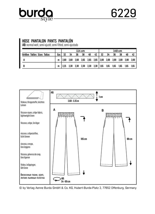 Burda Schnittmuster 6229 Damenhose mit breitem Gummibund