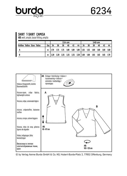 Burda Schnittmuster 6234 Damen Blusenshirt mit V-Ausschnitt