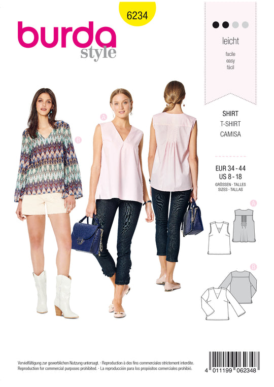 Burda Schnittmuster 6234 Damen Blusenshirt mit V-Ausschnitt