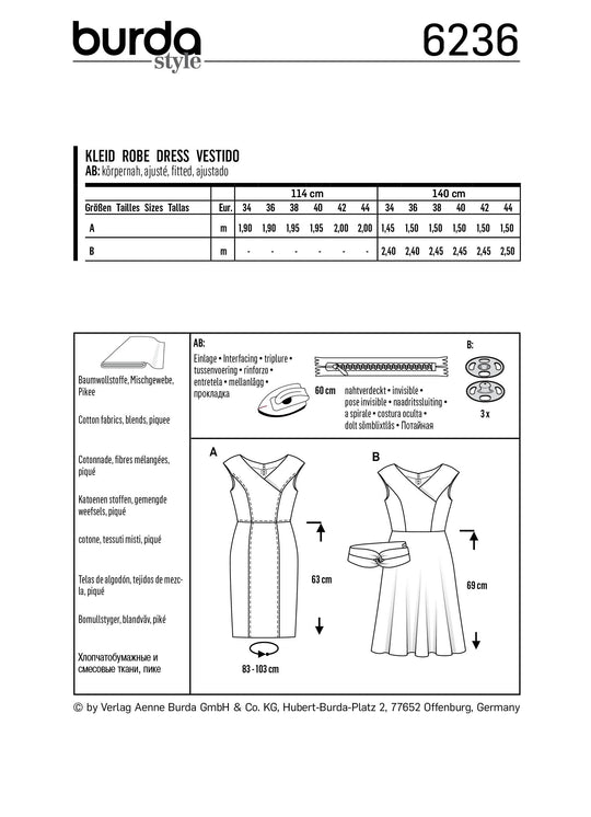 Burda Schnittmuster 6236 Damen Kleid in Wickeloptik mit V-Ausschnitt