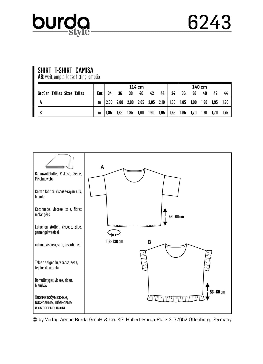 Burda Schnittmuster 6243 Damen Shirt mit überschnittenen Schultern