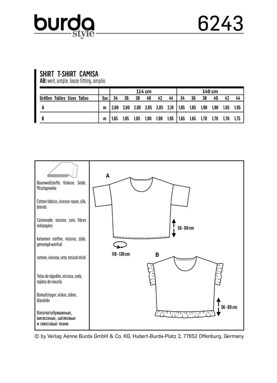 Burda Schnittmuster 6243 Damen Shirt mit überschnittenen Schultern