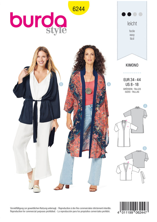 Burda Schnittmuster 6244 Damen Kimono-Mantel mit kontrastfarbener Blende