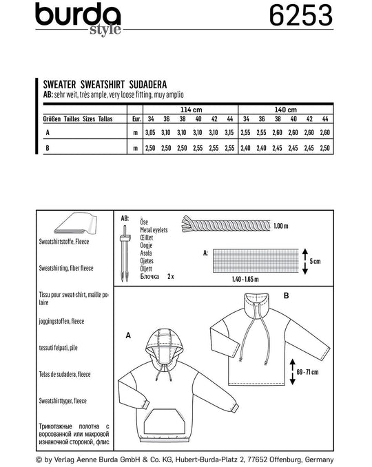 Burda Schnittmuster 6253 – Damen Sweatshirts & Hoodies