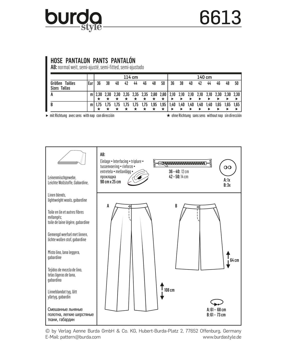 Burda Schnittmuster 6613 Damenhose