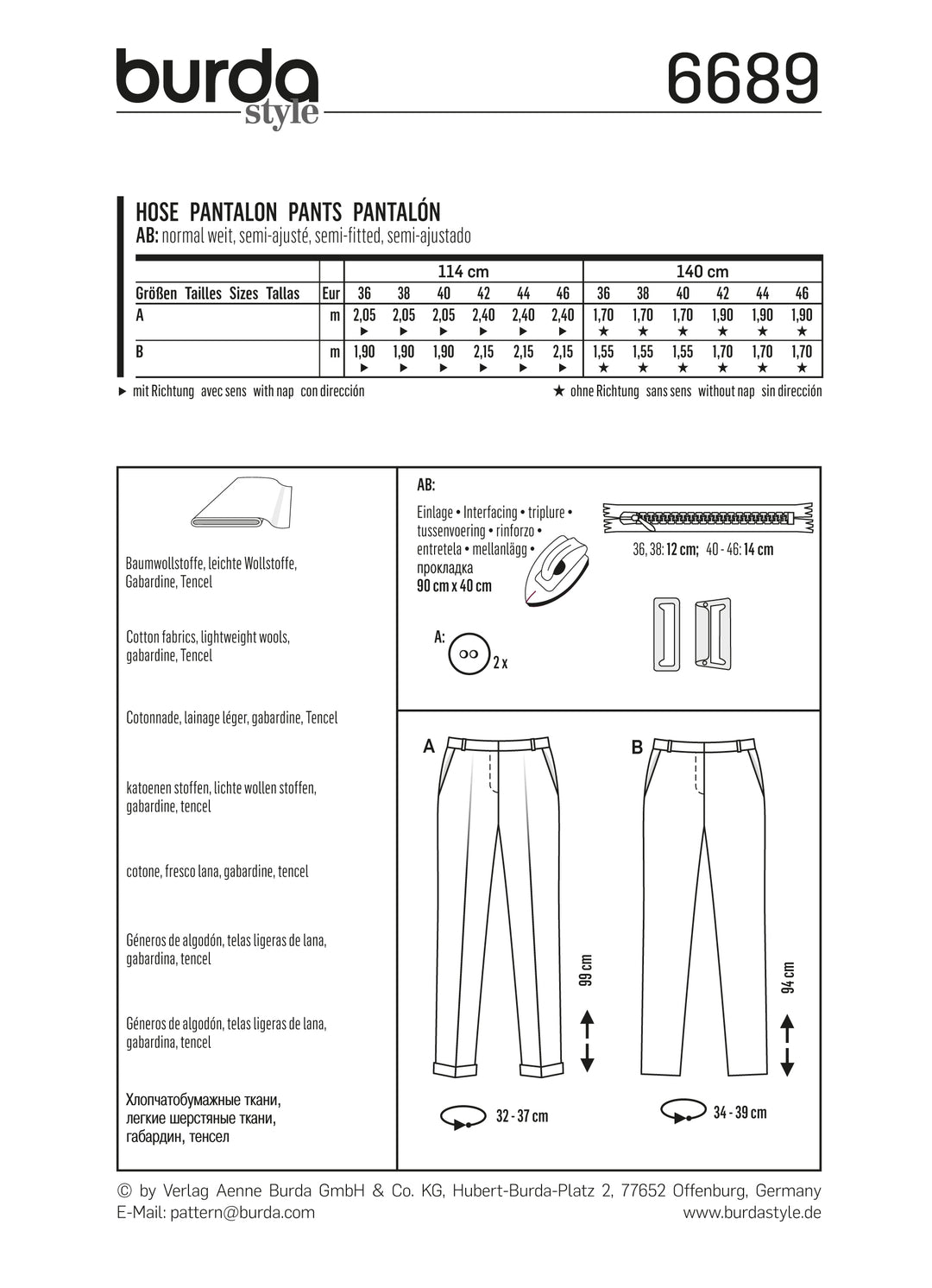 Burda Schnittmuster 6689 Hose