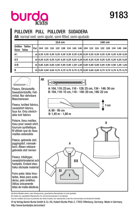 Burda Schnittmuster 9183 – Kinder Fleece-Pullover & Pullunder