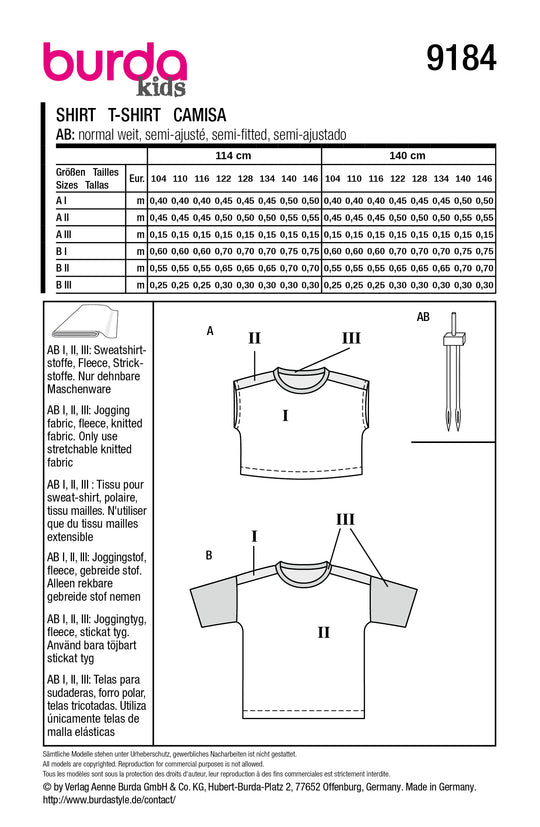 Burda Schnittmuster 9184 – Kinder Kurzarm-Shirts & ärmelloser Sweater