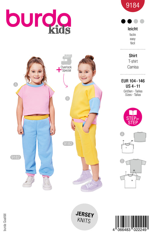 Burda Schnittmuster 9184 – Kinder Kurzarm-Shirts & ärmelloser Sweater