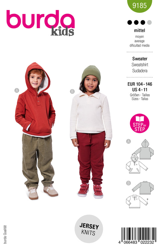 Burda Schnittmuster 9185 – Kinder Langarm-Sweater & Hoodie