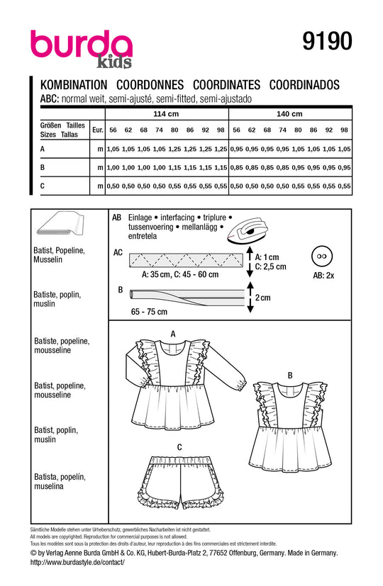 Burda Schnittmuster 9190 – Mädchen Set aus Bluse & Hose