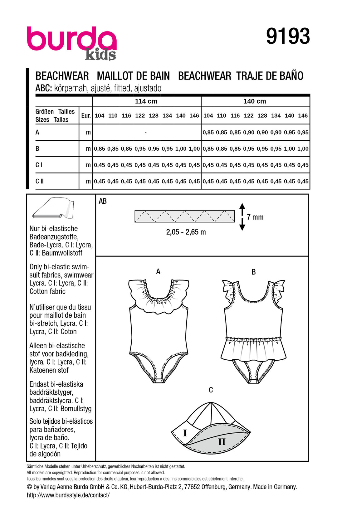 Burda Schnittmuster 9193 – Mädchen Badeanzug & Sonnenhut