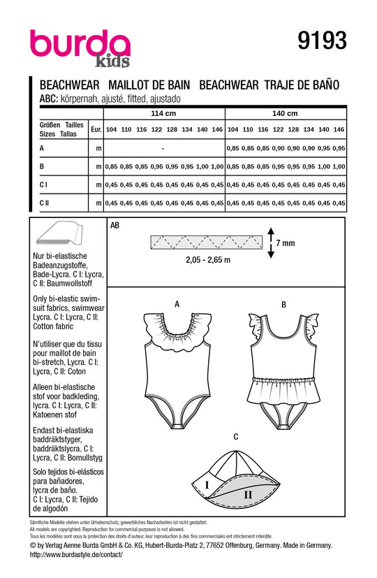 Burda Schnittmuster 9193 – Mädchen Badeanzug & Sonnenhut