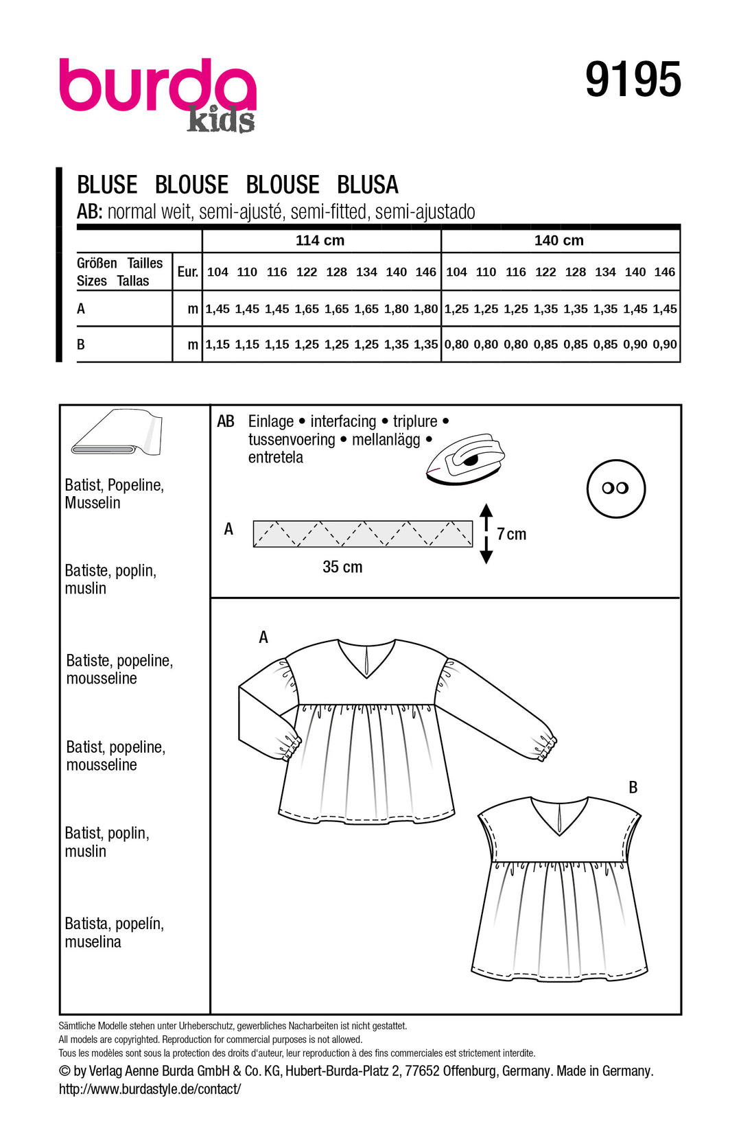 Burda Schnittmuster 9195 – Mädchen Lockere Bluse & Tunika