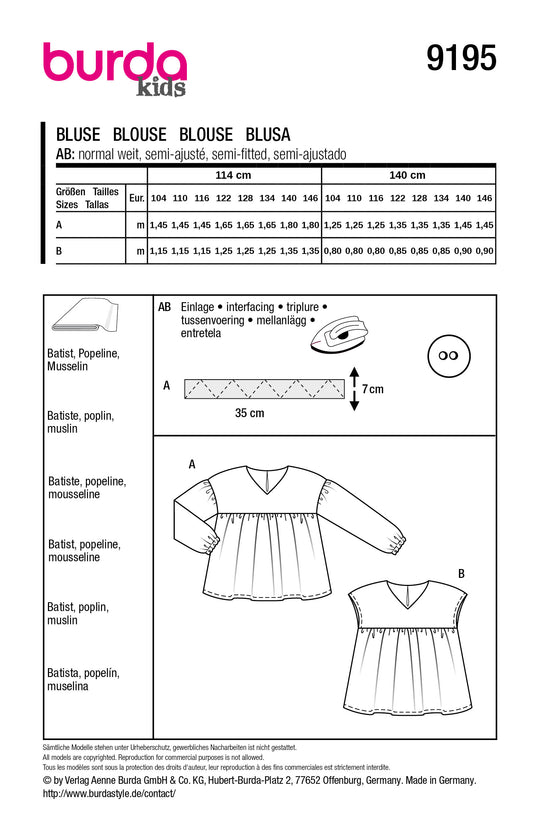 Burda Schnittmuster 9195 – Mädchen Lockere Bluse & Tunika