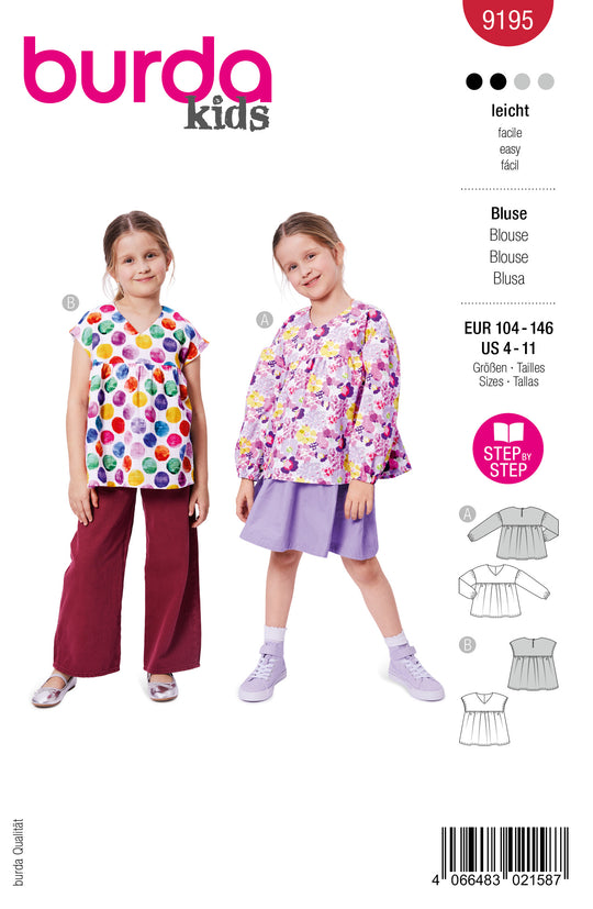 Burda Schnittmuster 9195 – Mädchen Lockere Bluse & Tunika
