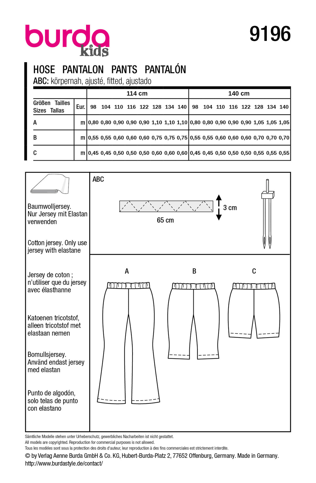 Burda Schnittmuster 9196 – Mädchen Jersey-Leggings & Hosen
