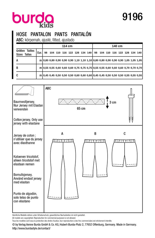 Burda Schnittmuster 9196 – Mädchen Jersey-Leggings & Hosen