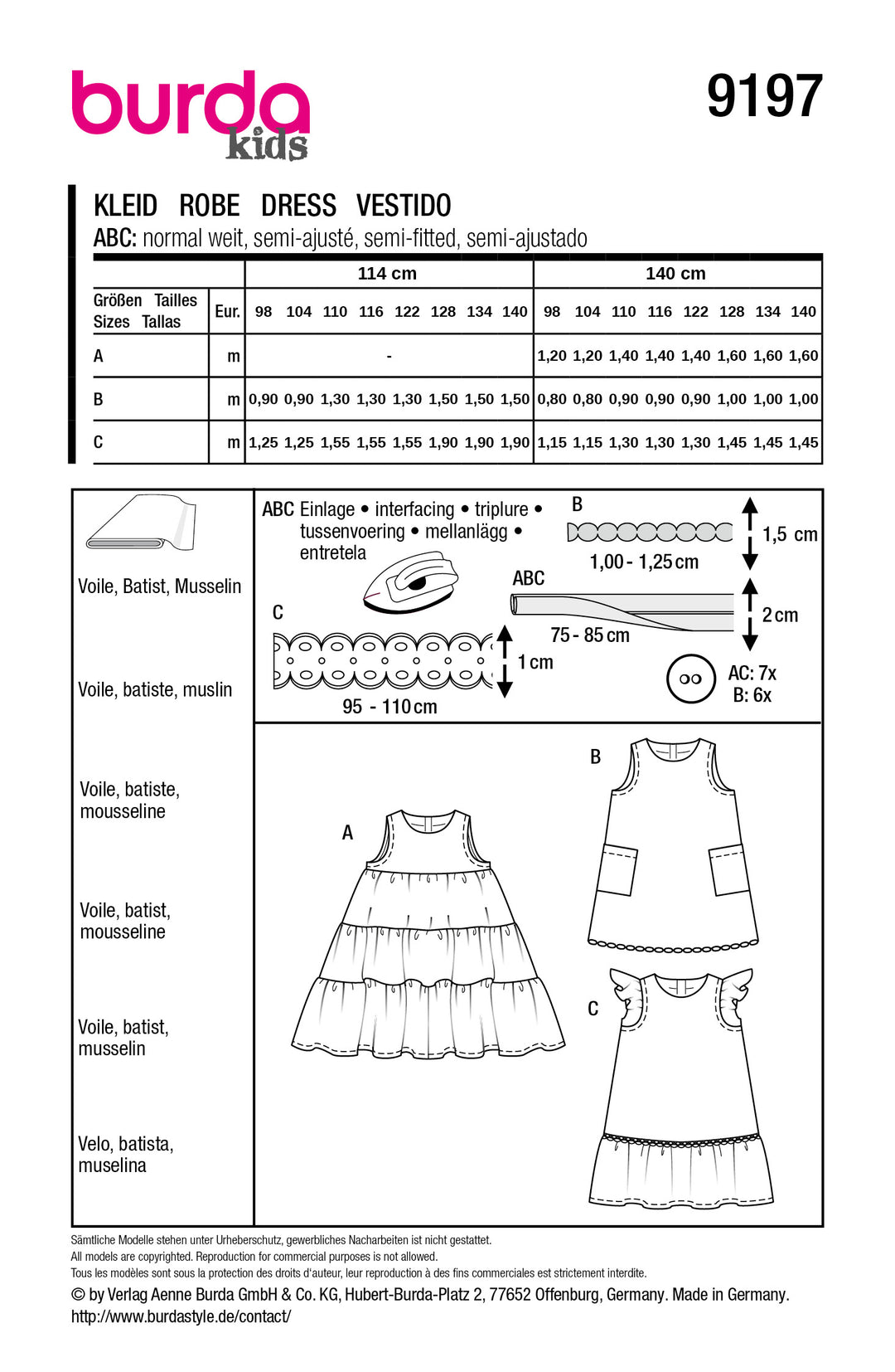 Burda Schnittmuster 9197 - Mädchen Kurzarm Sommerkleider