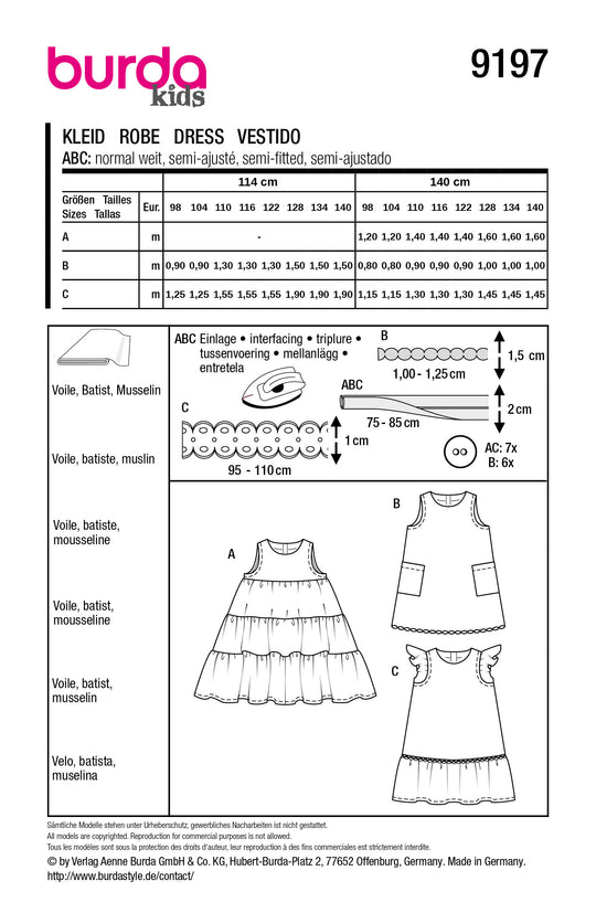 Burda Schnittmuster 9197 - Mädchen Kurzarm Sommerkleider
