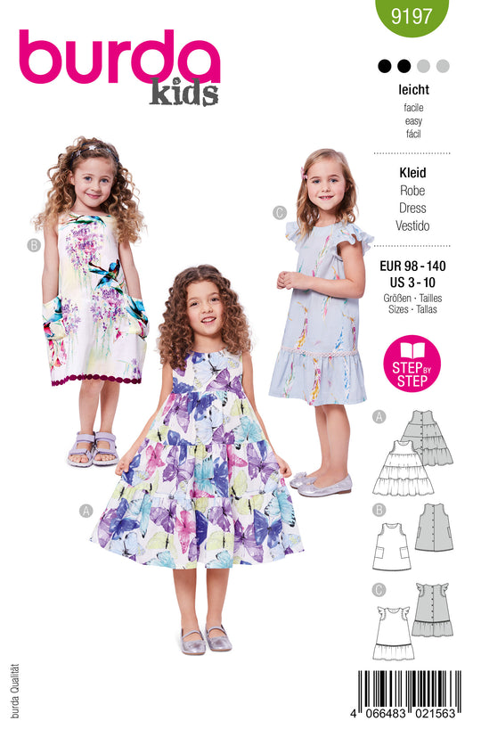 Burda Schnittmuster 9197 - Mädchen Kurzarm Sommerkleider