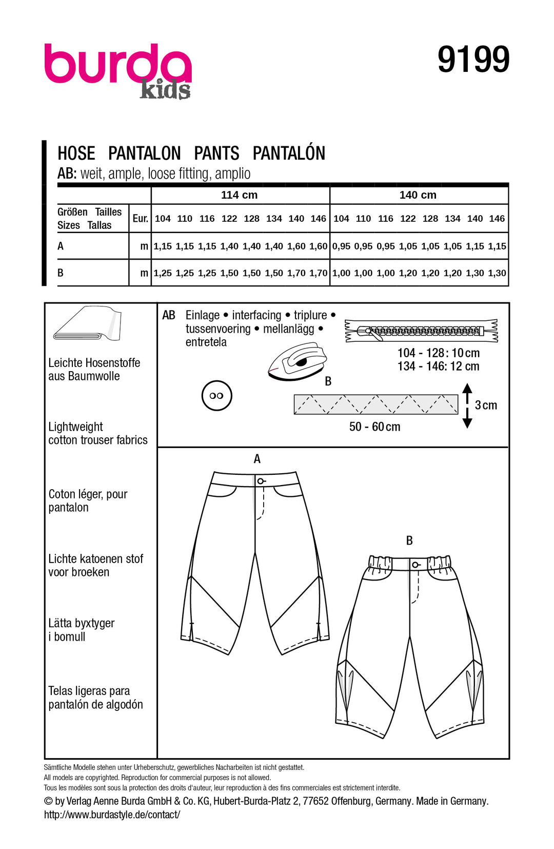 Burda Schnittmuster 9199 – Kinder Pumphosen in zwei Varianten