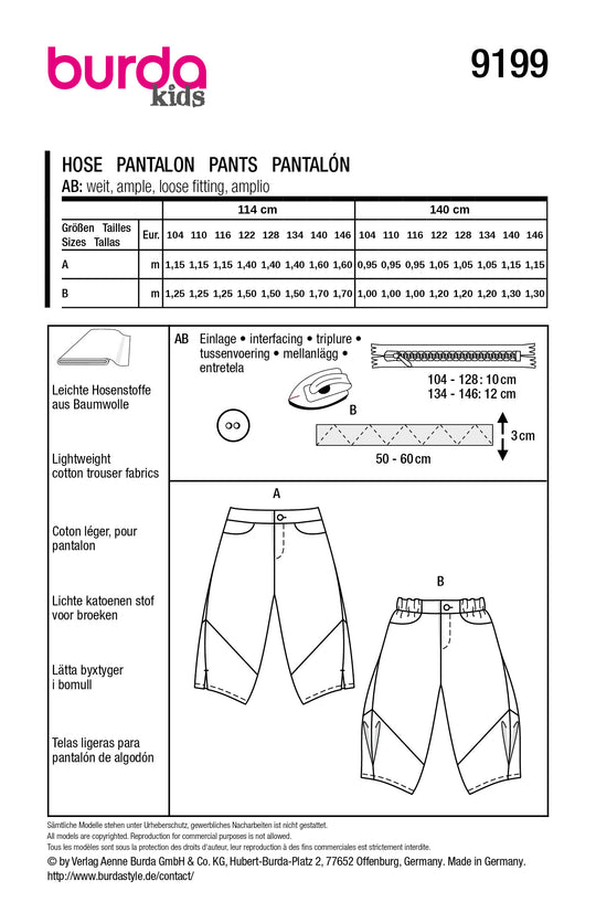 Burda Schnittmuster 9199 – Kinder Pumphosen in zwei Varianten