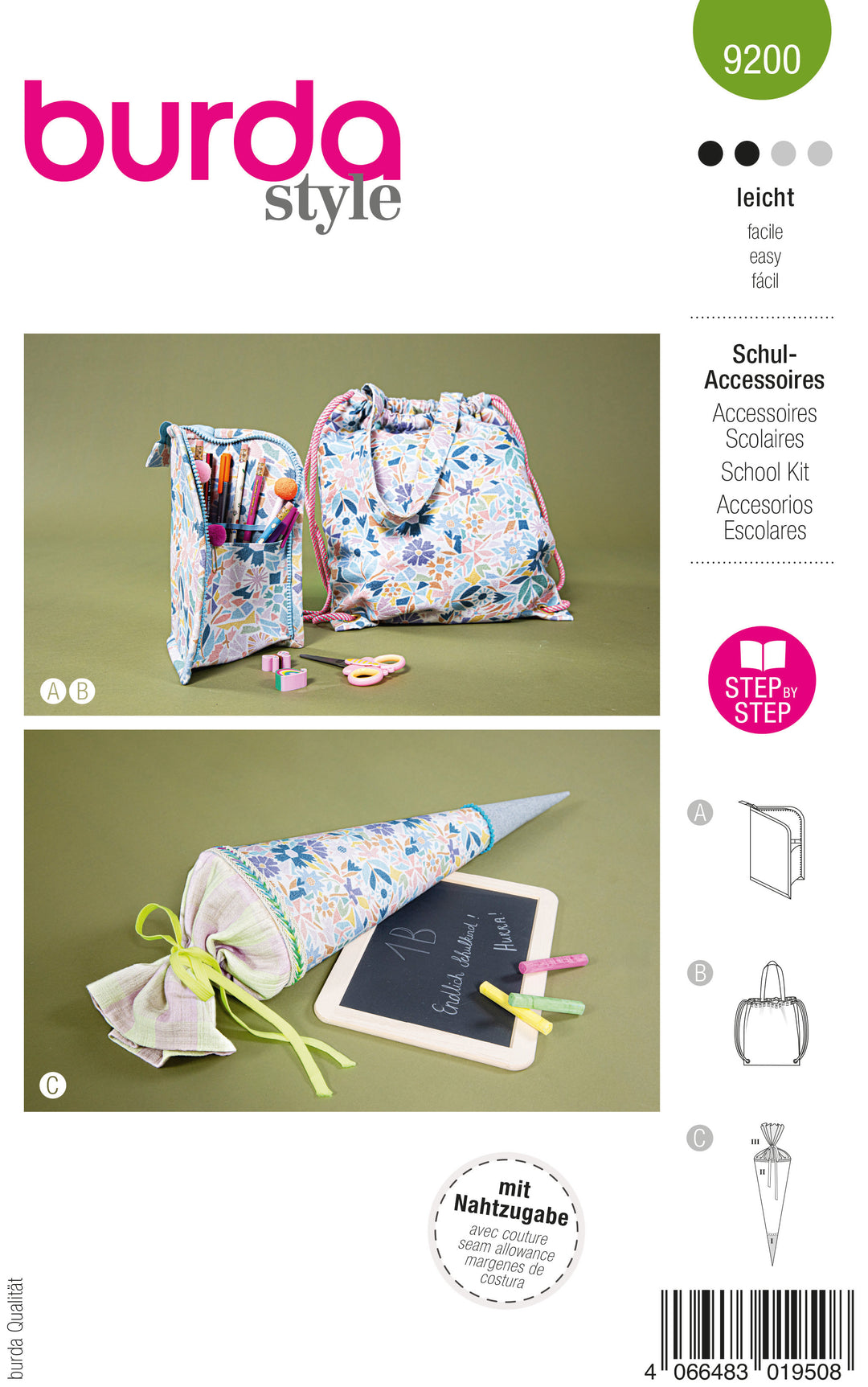 Burda Schnittmuster 9200 Kinder Schulstart Stiftemäppchen, Turnbeutel und Schultüte