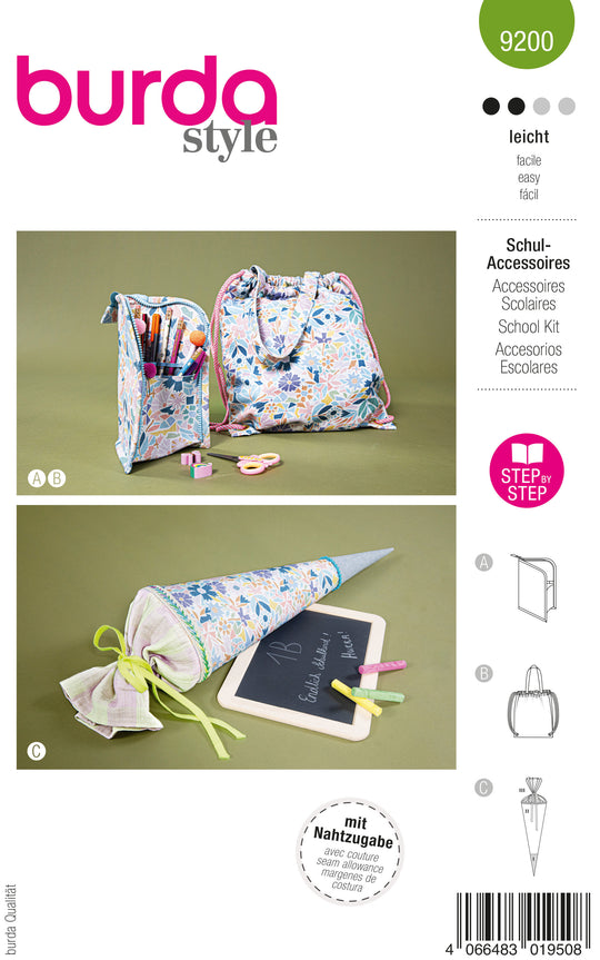 Burda Schnittmuster 9200 Kinder Schulstart Stiftemäppchen, Turnbeutel und Schultüte