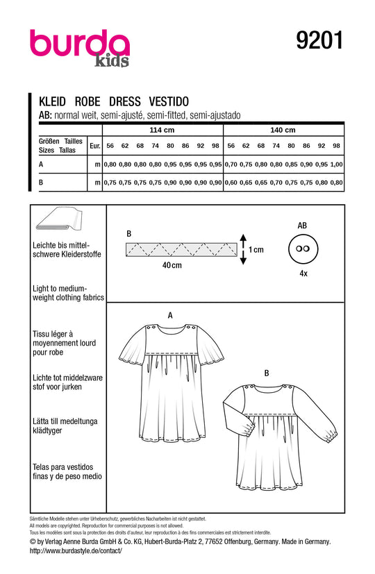 Burda Schnittmuster 9201 – Baby Kleider mit Gummizug
