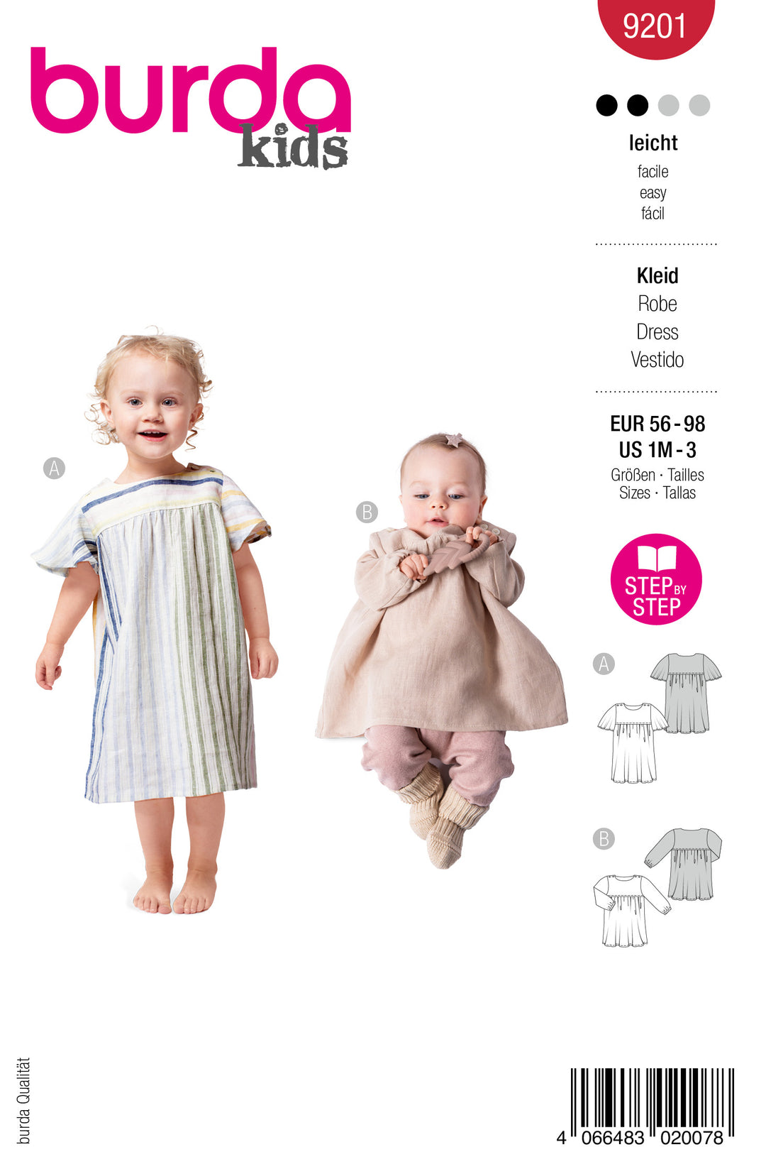 Burda Schnittmuster 9201 – Baby Kleider mit Gummizug