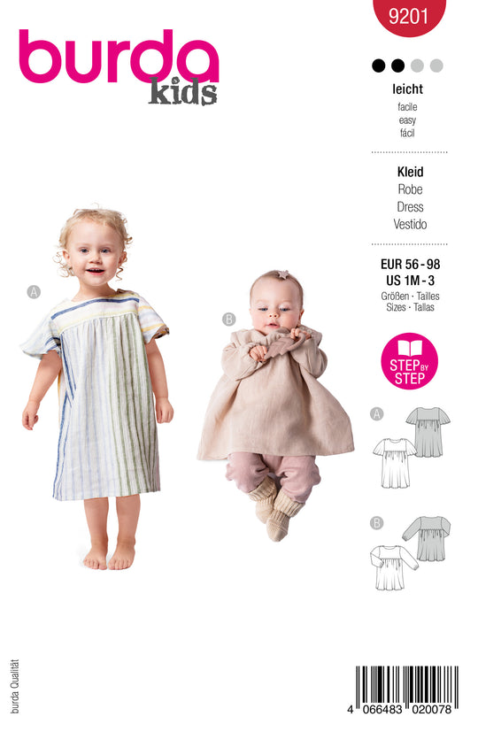 Burda Schnittmuster 9201 – Baby Kleider mit Gummizug