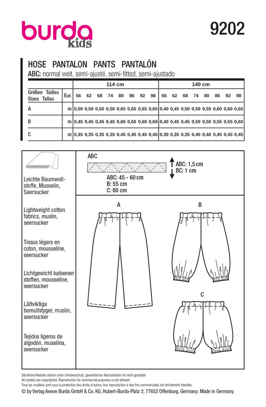 Burda Schnittmuster 9202 Kinder Baumwollhose und Shorts mit Gummibund