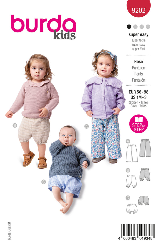 Burda Schnittmuster 9202 Kinder Baumwollhose und Shorts mit Gummibund